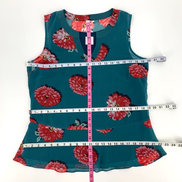 Cabi Blushing Blouse # 3445, Chrysanthemum Print Teal Sleeveless Blouse, Medium - Picture 15 of 16